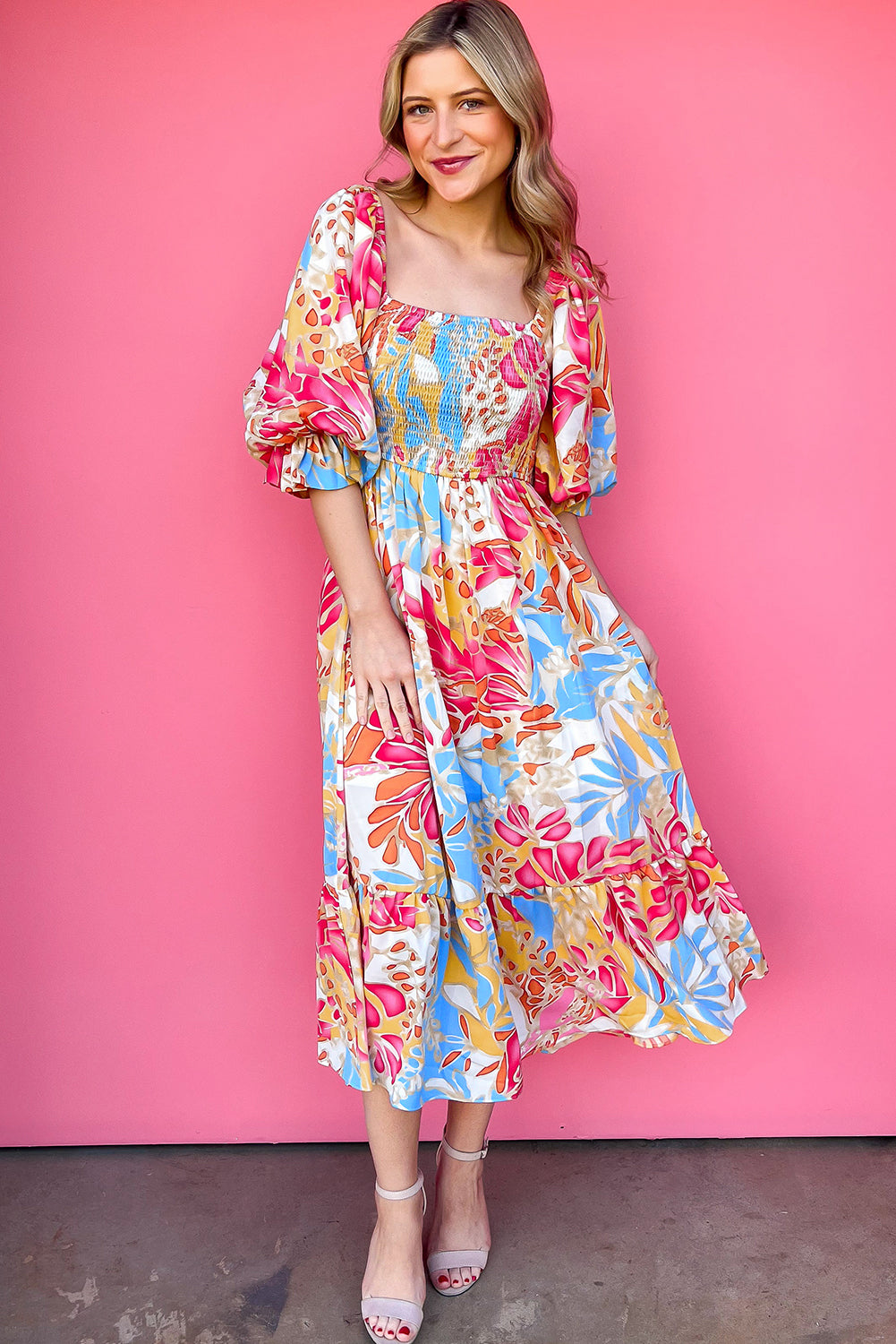 0448 Tropical Print Smocked Bodice Puff Sleeve Maxi Dress