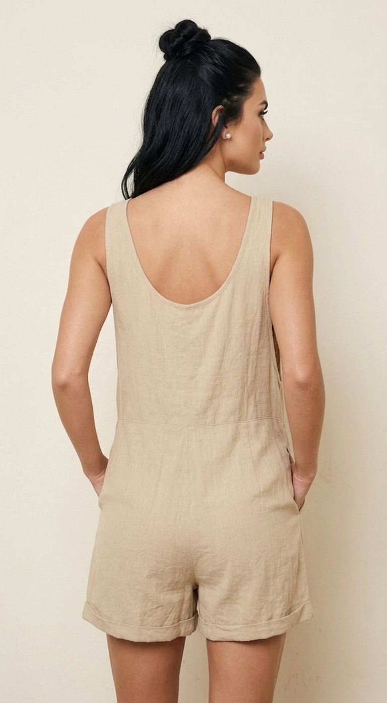 1033 Taupe Linen Romper with pockets