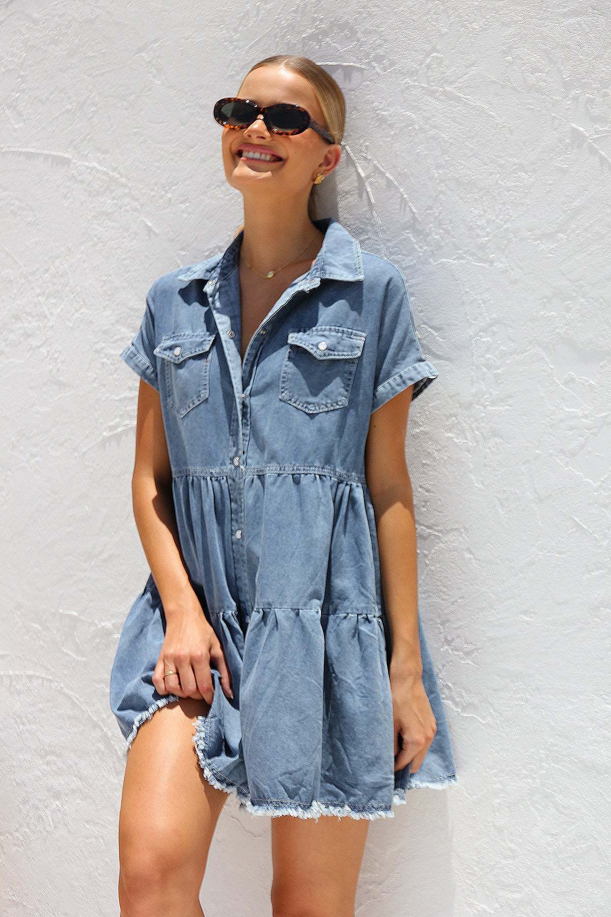 Style 22845 Denim Button Dress with Pockets ad Frayed Bottom