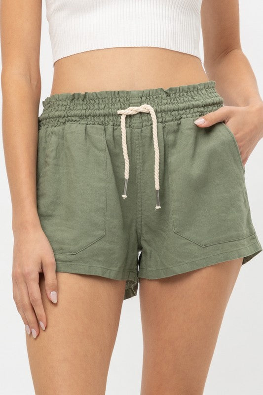 6587 Lt. Olive Drawstring Linen Shorts