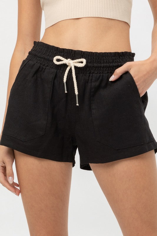 6587 Black Drawstring Linen Shorts