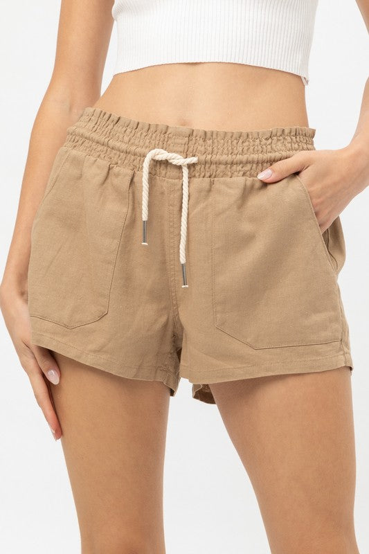 6587 Camel Drawstring Linen Shorts