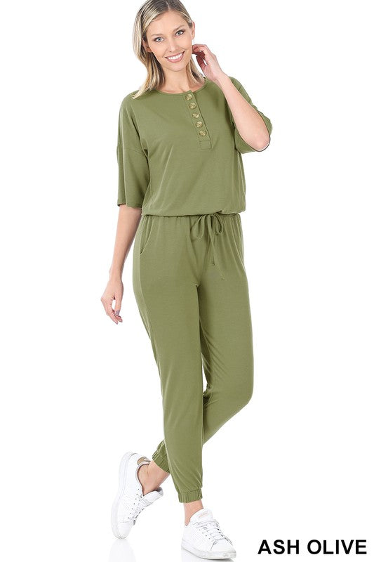 43056 Ash Olive Button Down Jogger Jumpsuit