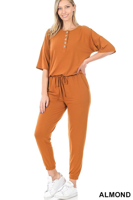 43056 Almond Button Down Jogger Jumpsuit