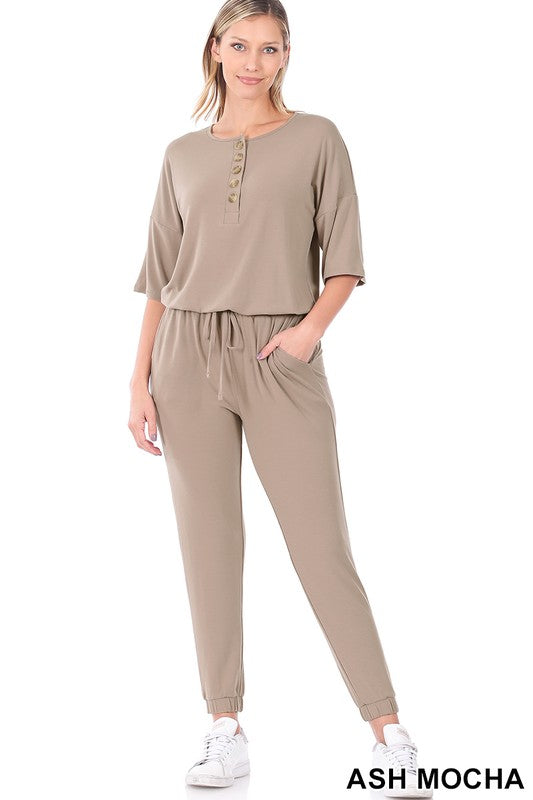 43056 Ash Mocha Button Down Jogger Jumpsuit