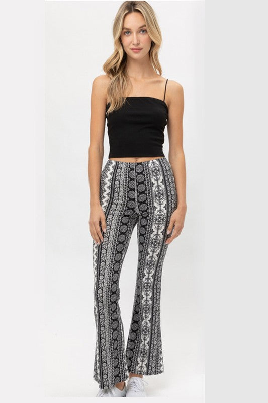 6734 Black Multi Print Stretchy Flare Pants