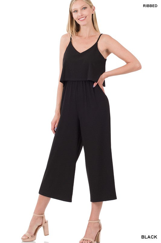Style 8021 Black Ribbed Double Layered Jumpsuit