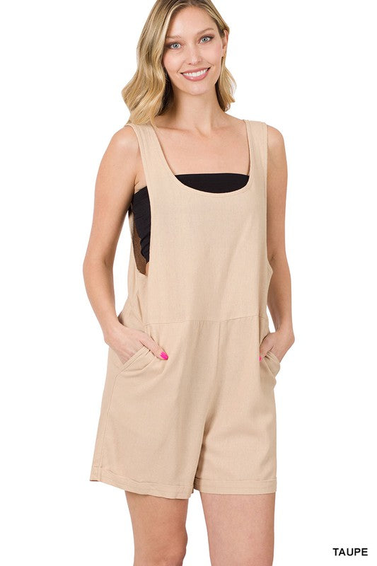 Style 1033 Taupe Linen Romper with Pockets