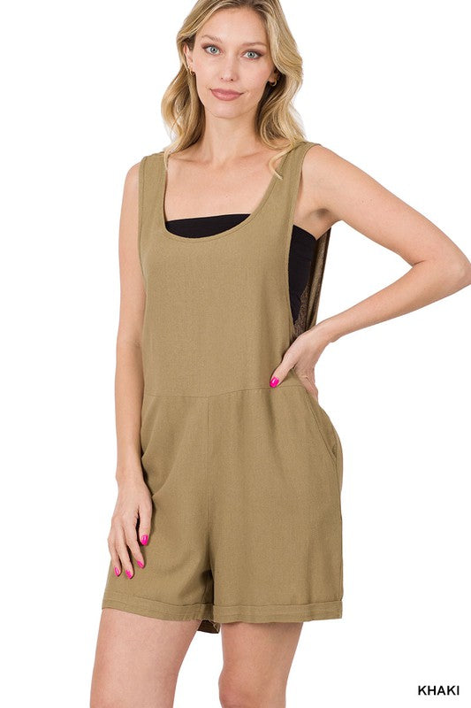 Style 1033 Khaki Linen Romper with Pockets