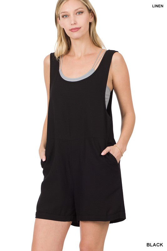 Style 1033 Black Linen Romper with Pockets