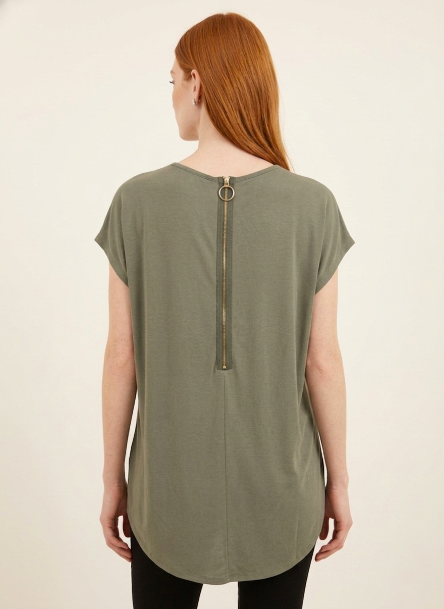 16005 Olive Green Hi-Low Blouse with Zipper Back