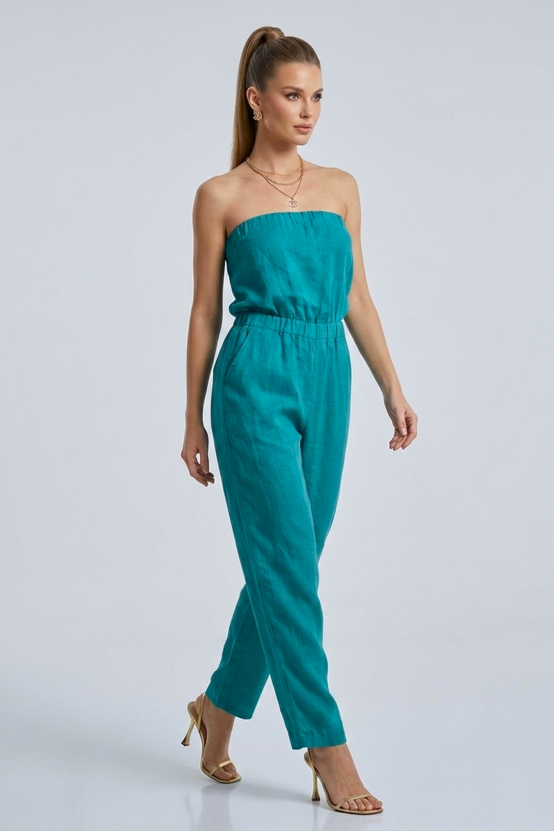 1869 Tropical Teal Linen Jumpsuit with pockets