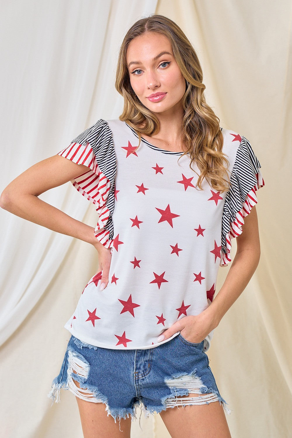 Style 3980 Ivory D Navy Star Top