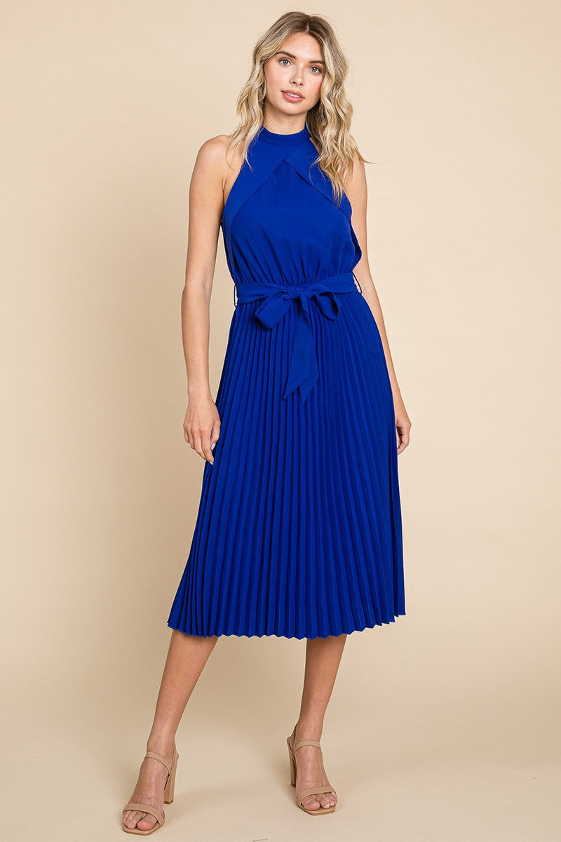 1062 Royal Blue Pleated Self Tie Waist Halter Dress