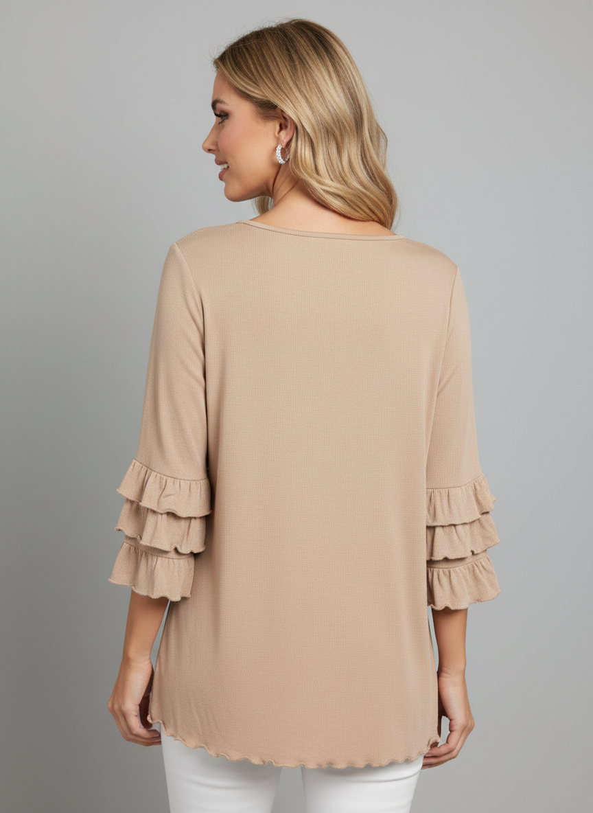 50477 Beige Tiered Ruffle Bell Sleeves Top
