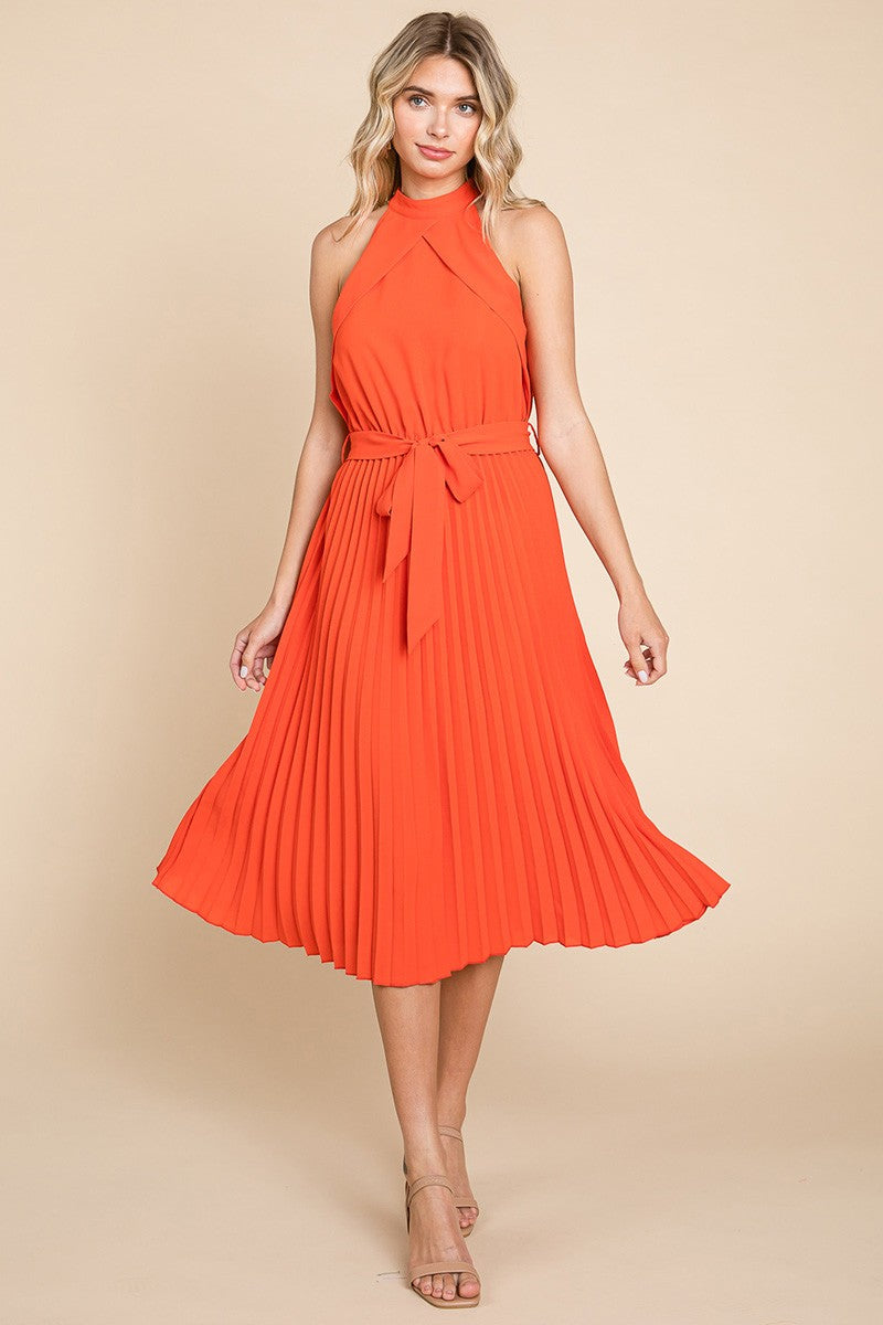 1062 Orange Pleated Self Tie Waist Halter Dress