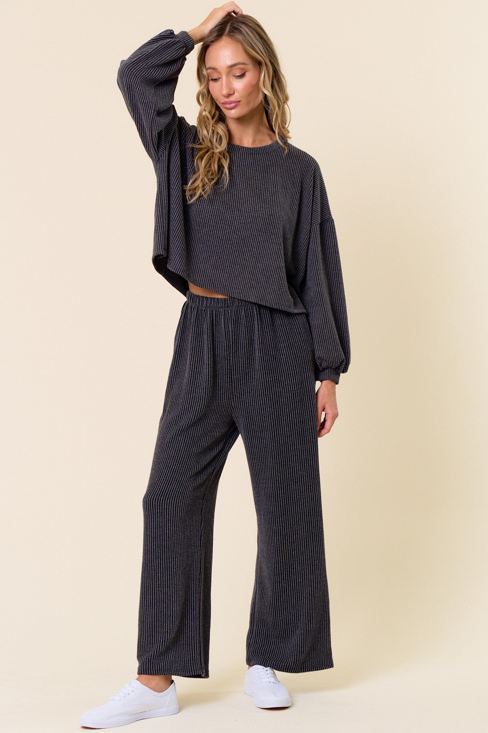 Style 5635 Black Rib Ankle Length Pants with Side Pockets