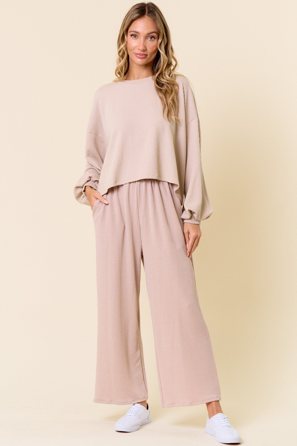 Style 5635 Taupe Rib Ankle Length Pants with Side Pockets
