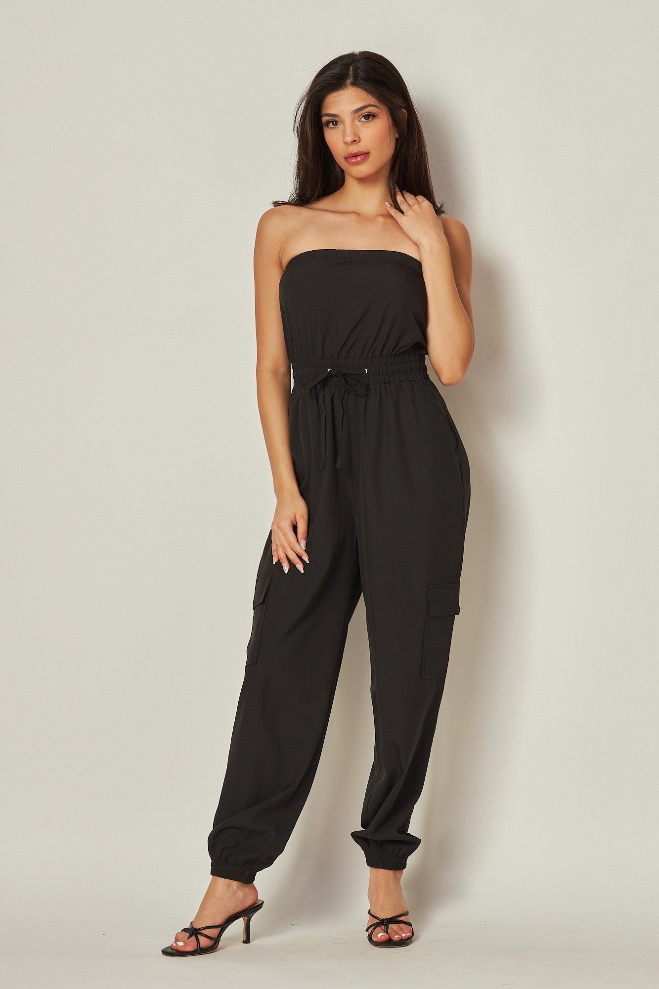 Style JS-900 Black Cargo Drawstring Jogger Jumpsuit