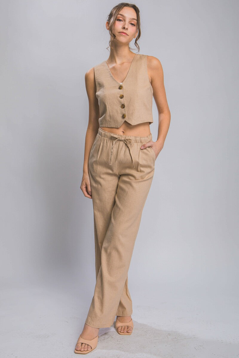 Style 6875-6 Khaki Drawstring Linen Blend Pants With Pockets