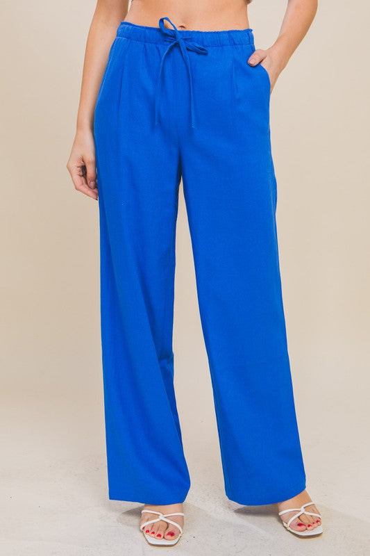 Style 6875-6 Cobalt Drawstring Linen Blend Pants With Pockets