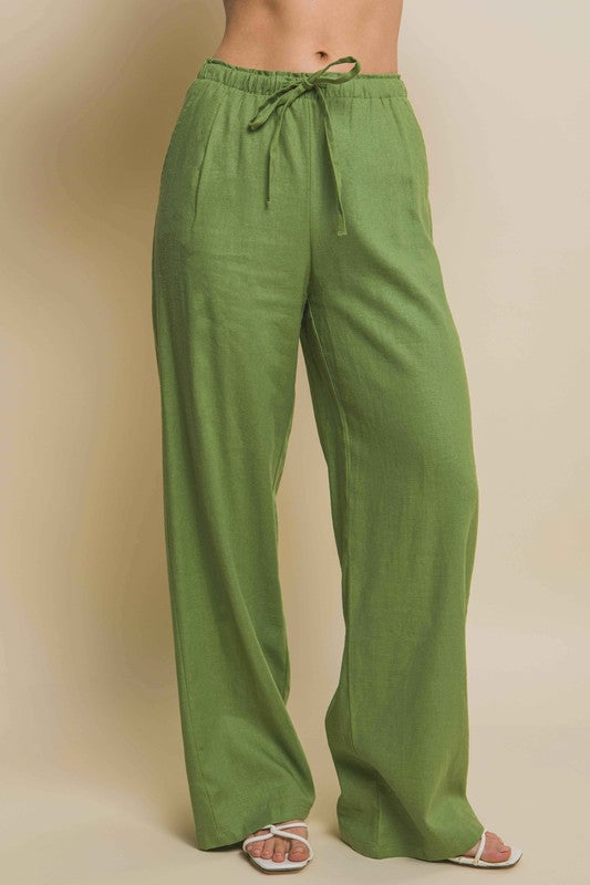 Style 6875-6 Olive Drawstring Linen Blend Pants With Pockets