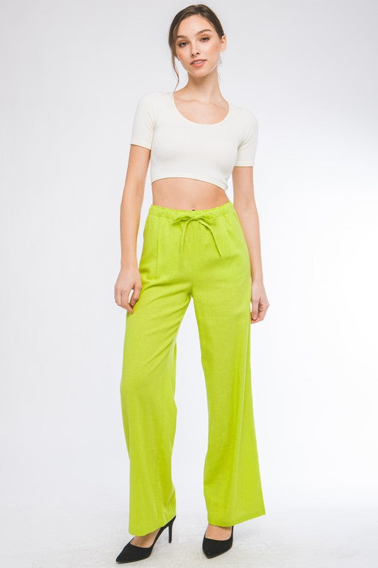 Style 6875-6 Lime Drawstring Linen Blend Pants With Pockets