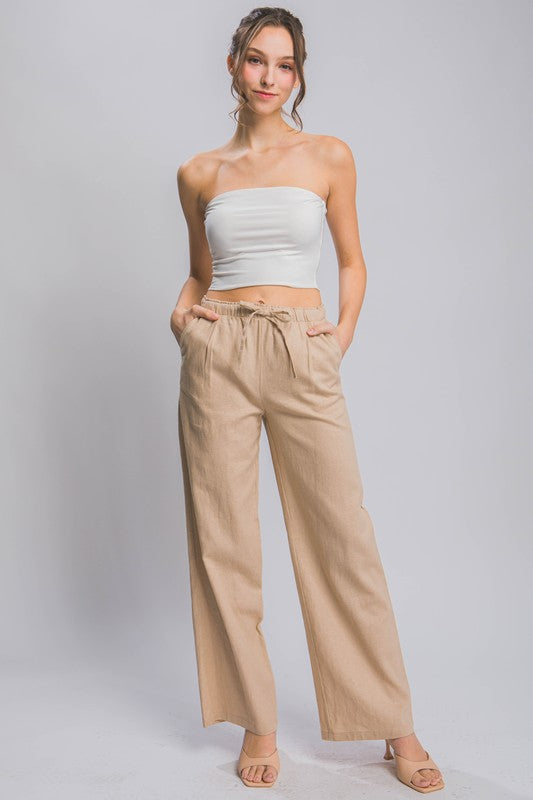 Style 6875-6 Taupe Drawstring Linen Blend Pants With Pockets