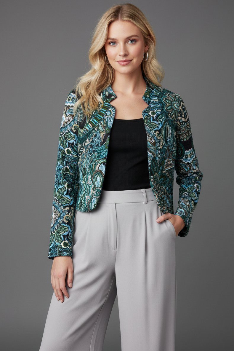 2144 Abstract Blue & Black Pattern Cropped Jacket