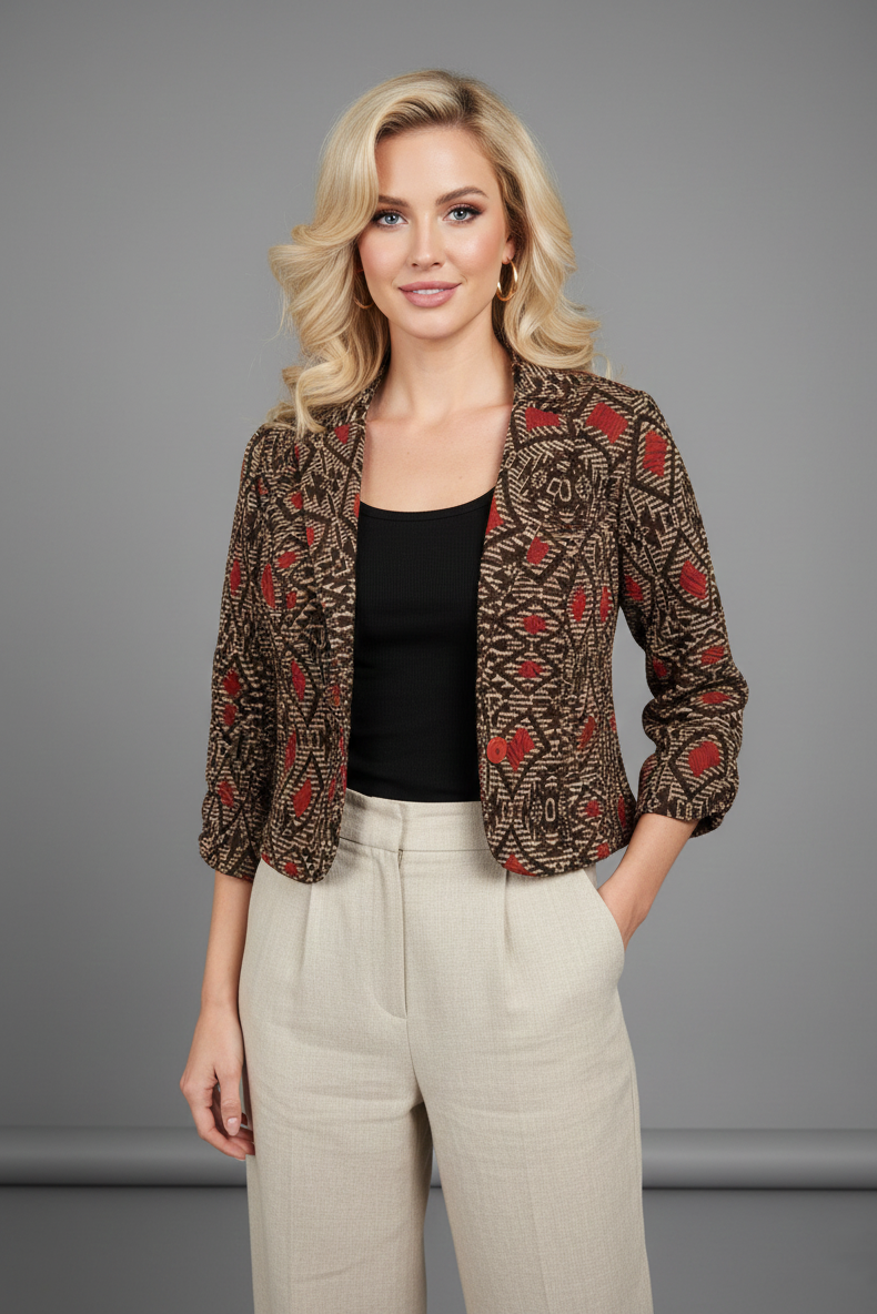 2144 Abstract Red & Black Pattern Cropped Jacket