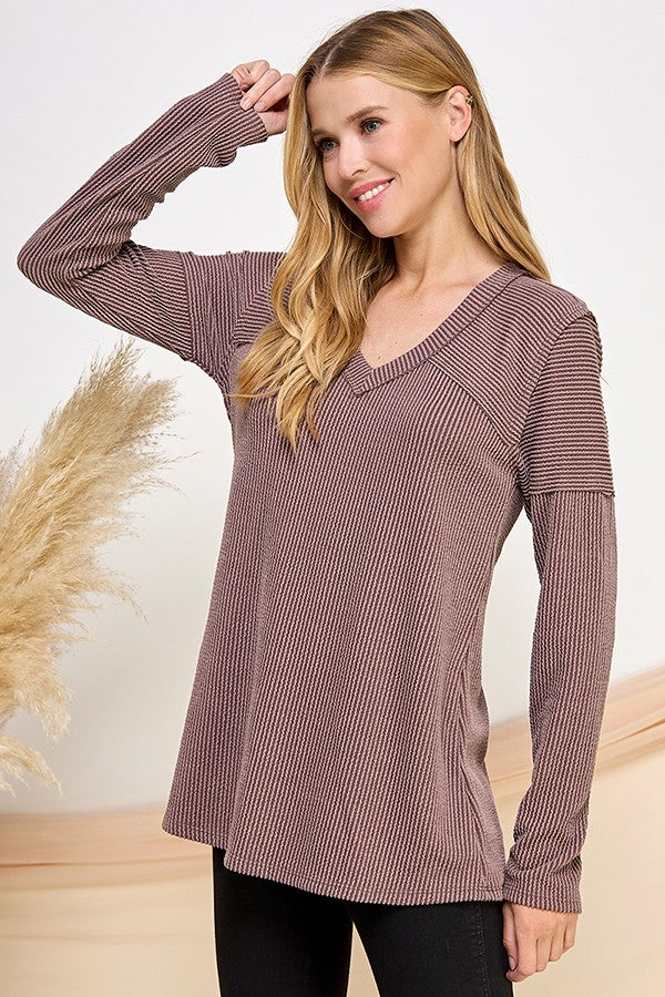8221S Brown Rib V Neck Top