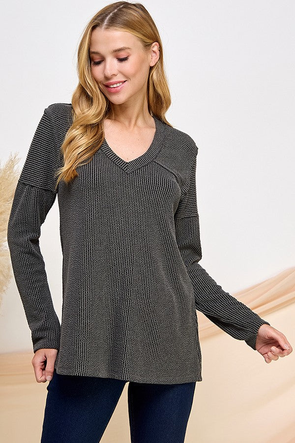 8221S Charcoal Rib V Neck Top