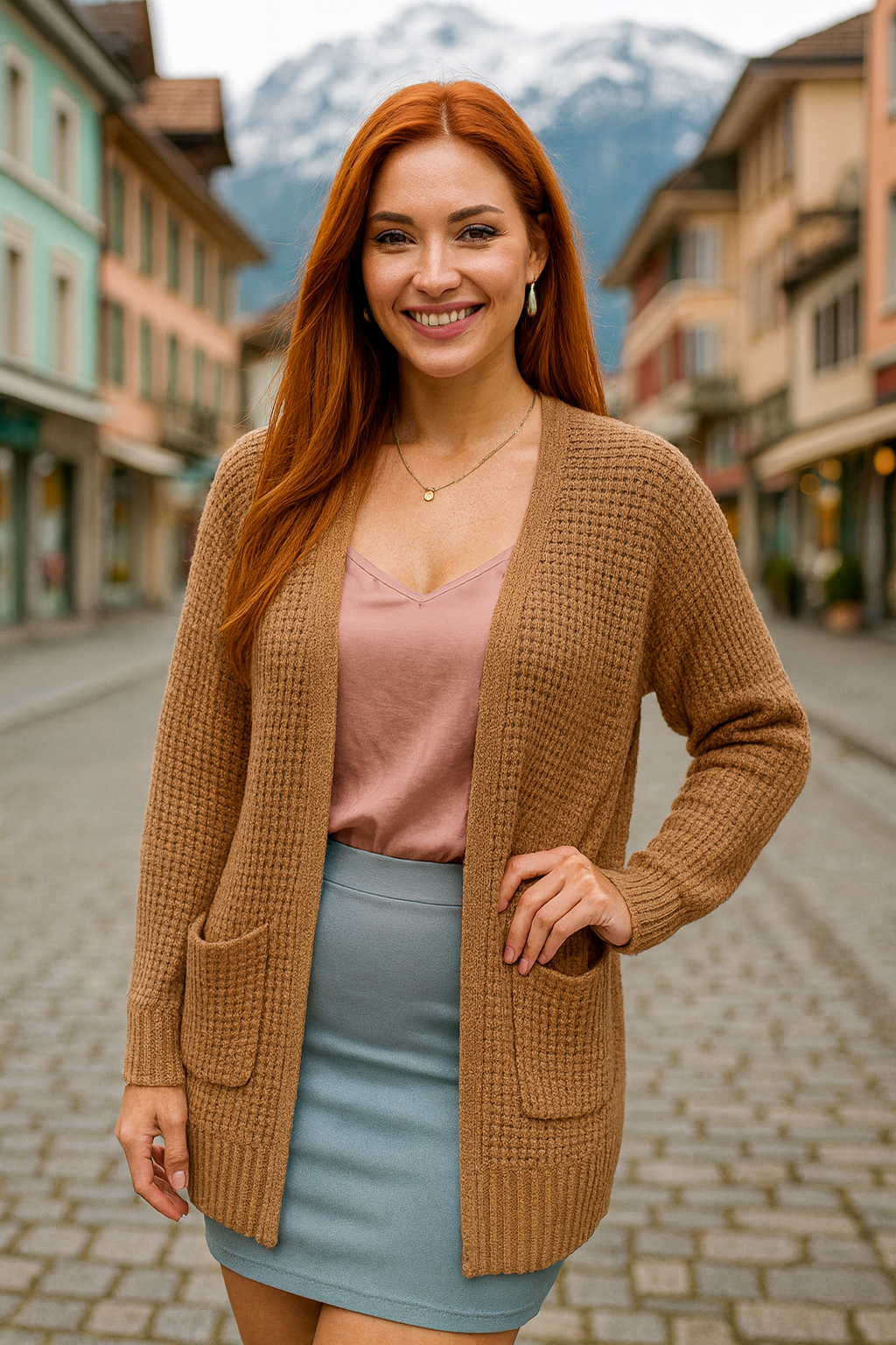 2734 Caramel Brown Waffle Knit Pocket Cardigan Plus