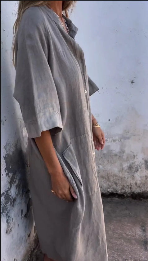 Style 047 Gray Linen Button Down Midi Dress  LTX Sportswear