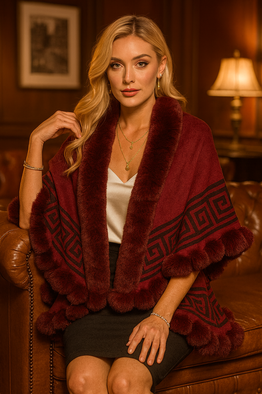 3112 Burgundy Luxe Fur-Trim Wrap