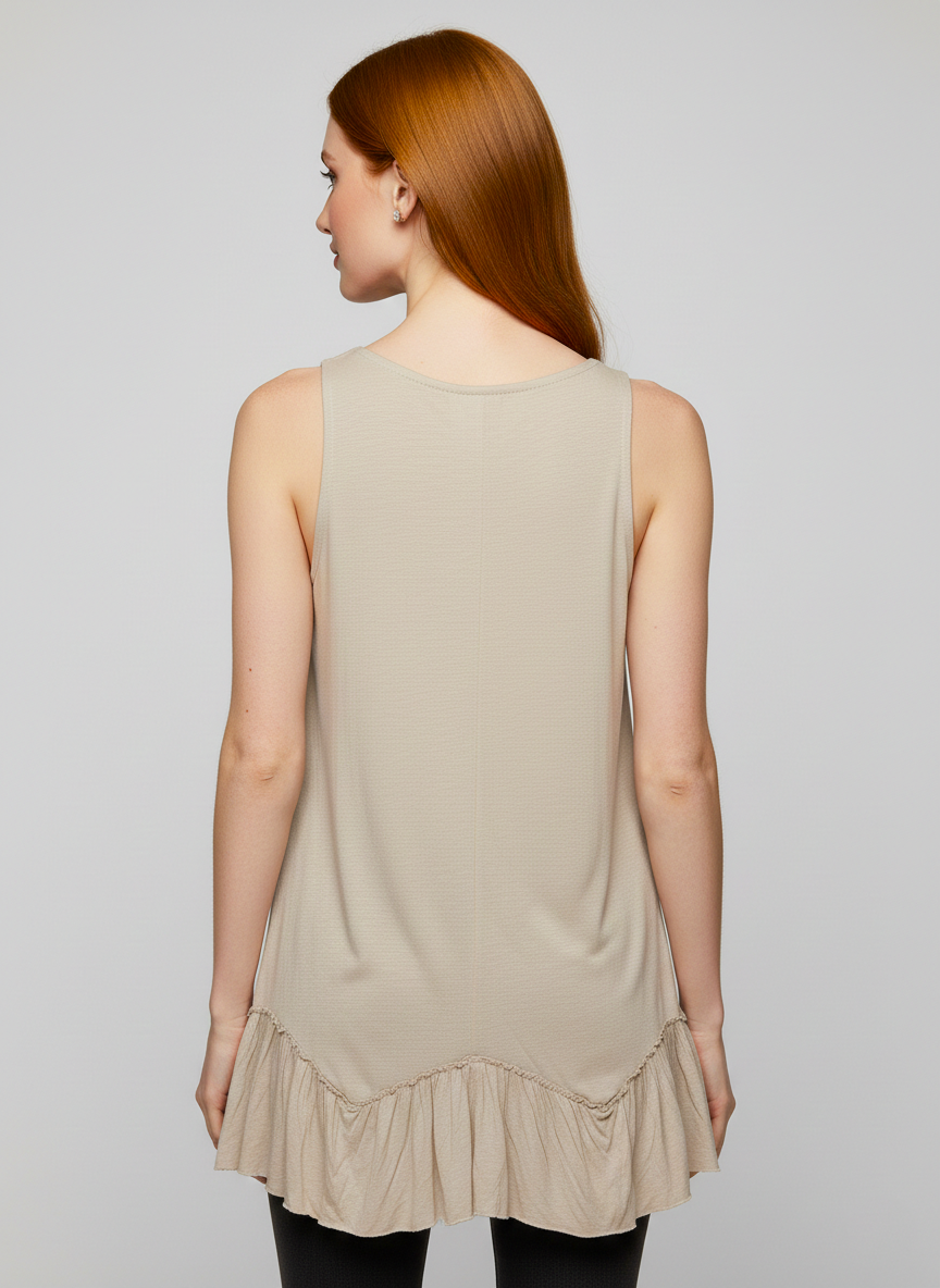319 Beige Ruffle-Hem Sleeveless Top