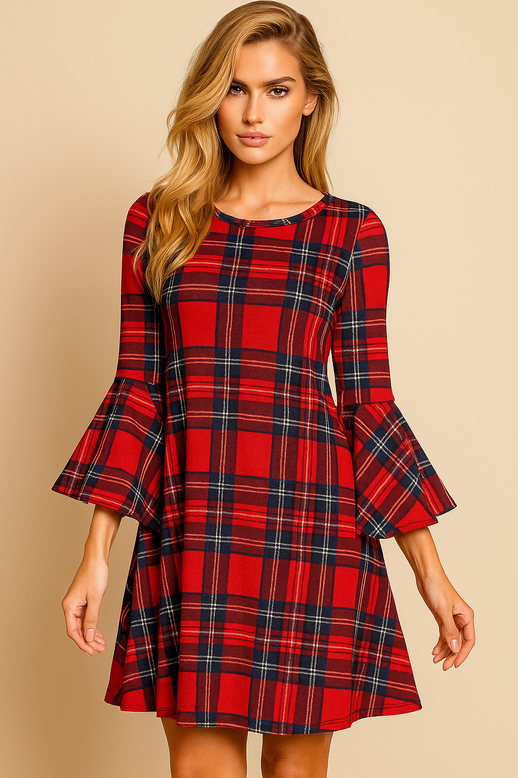 3593 Crimson Plaid Bell-Sleeve Dress