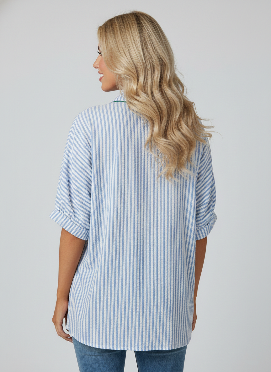 388 Breezy Blue Seersucker Stripe V-Neck Top