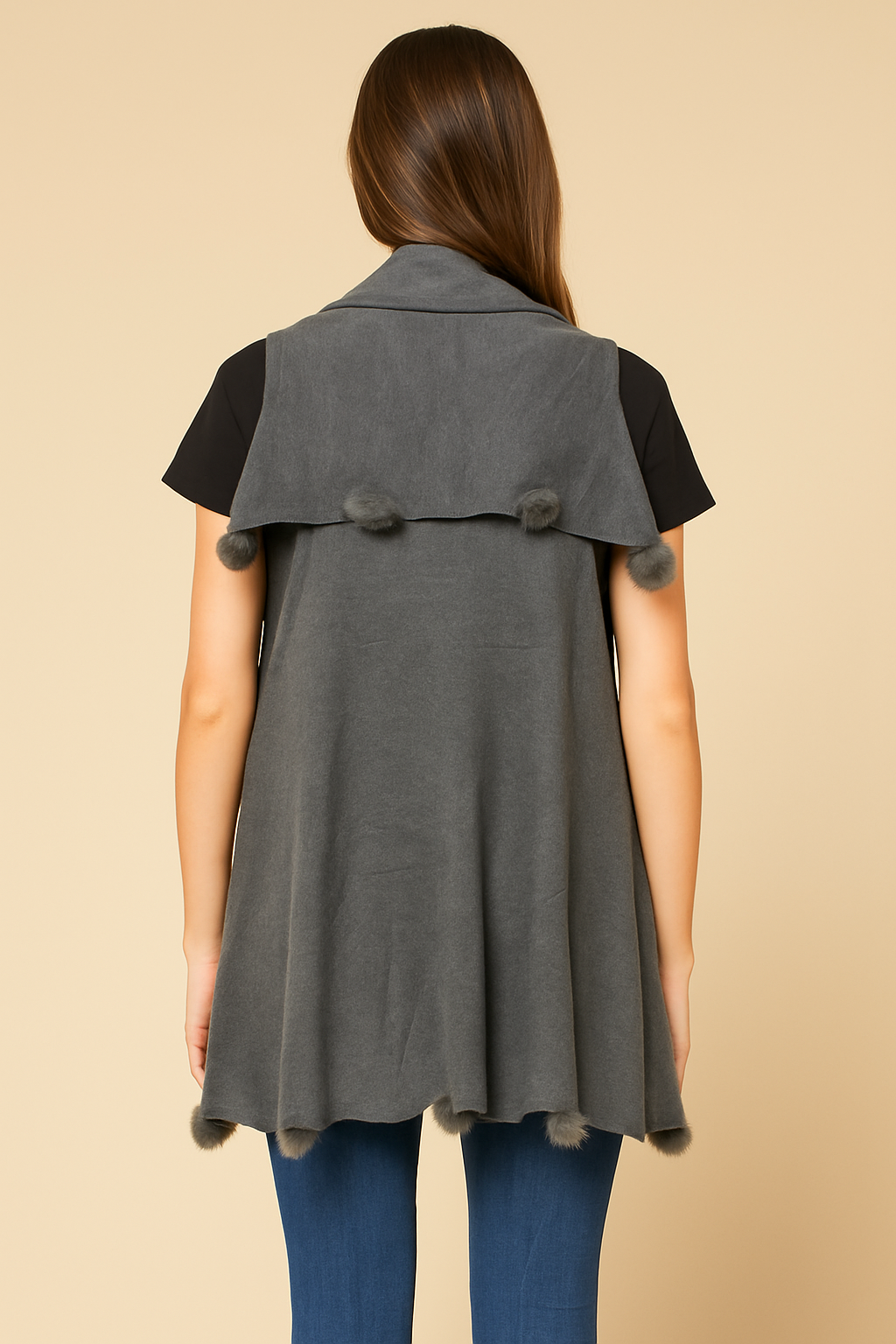 Style HY3713 Grey Pom Trim Wrap Shawl