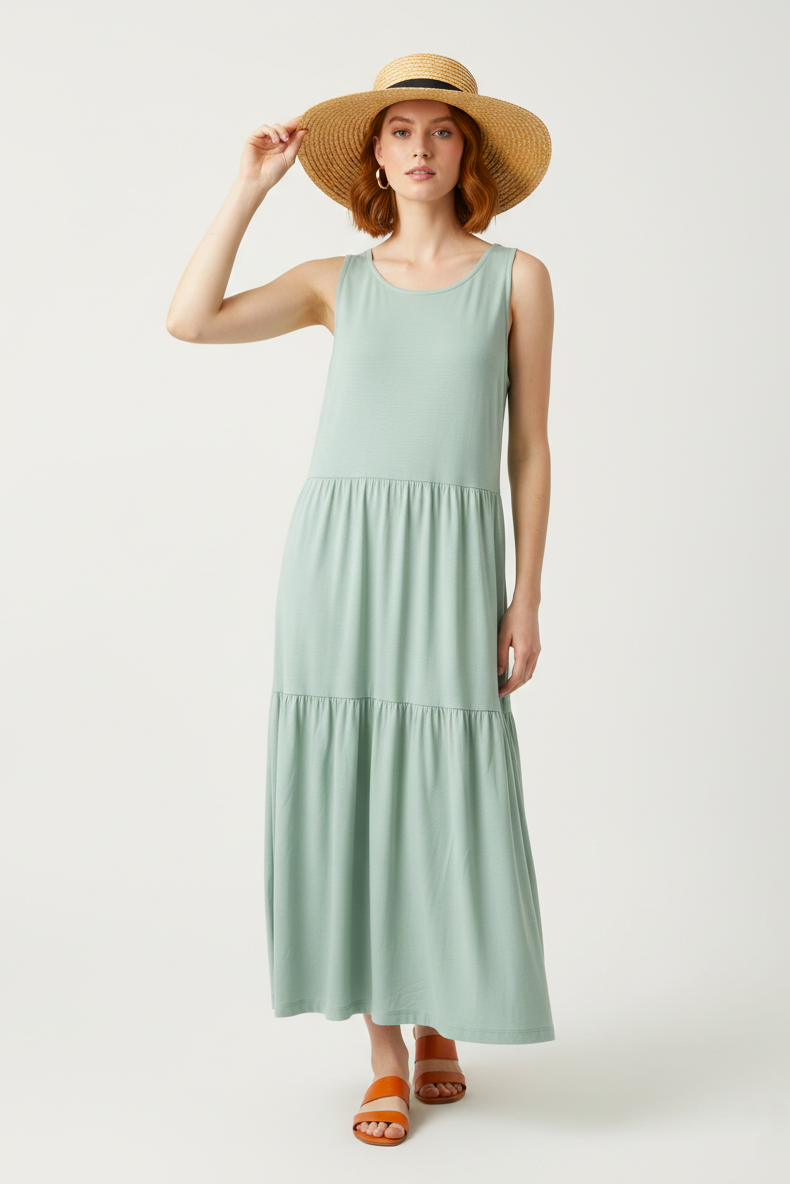 43050 Seafoam Green Tiered Maxi Dress