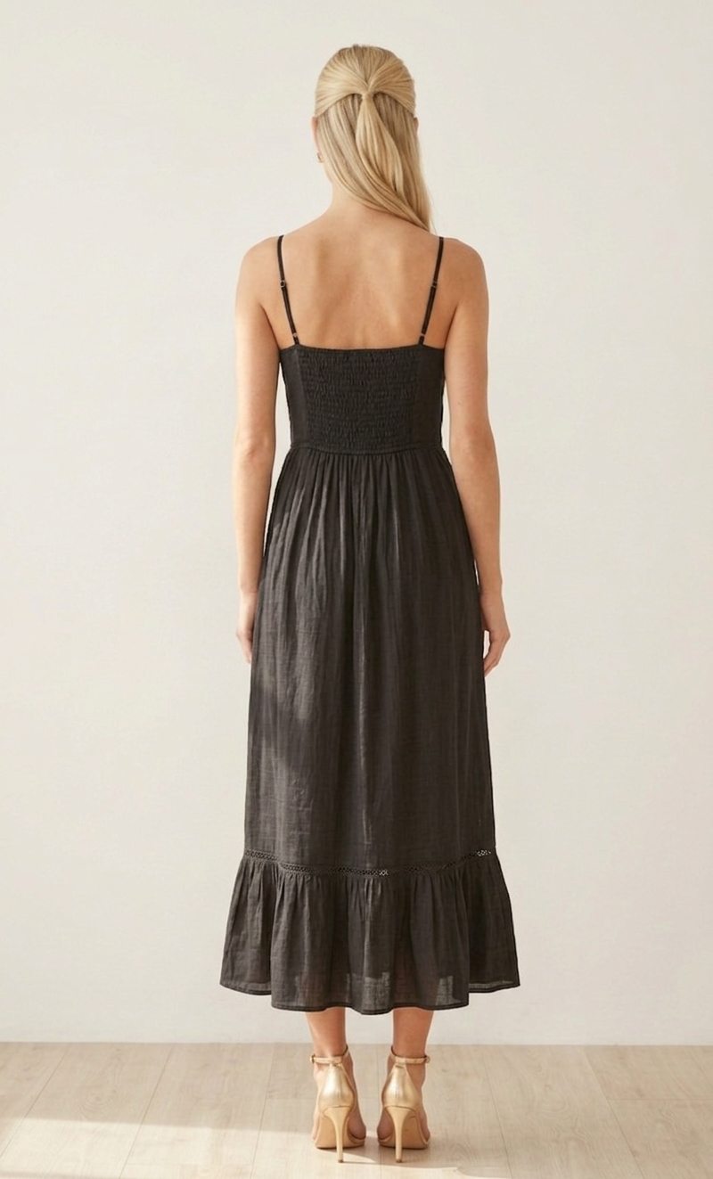 4825 Black Button-Front Lined Midi Dress