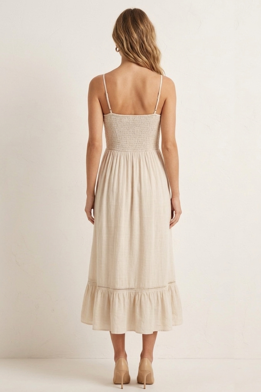 4825 Cream Button-Front Lined Midi Dress