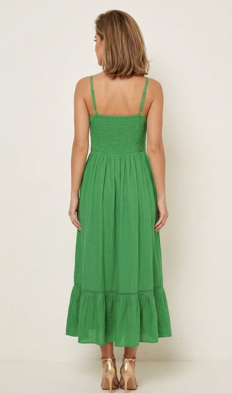 4825 Green Button-Front Lined Midi Dress