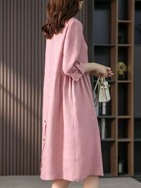 Style 107 Pink Linen Blend Button Down Dress