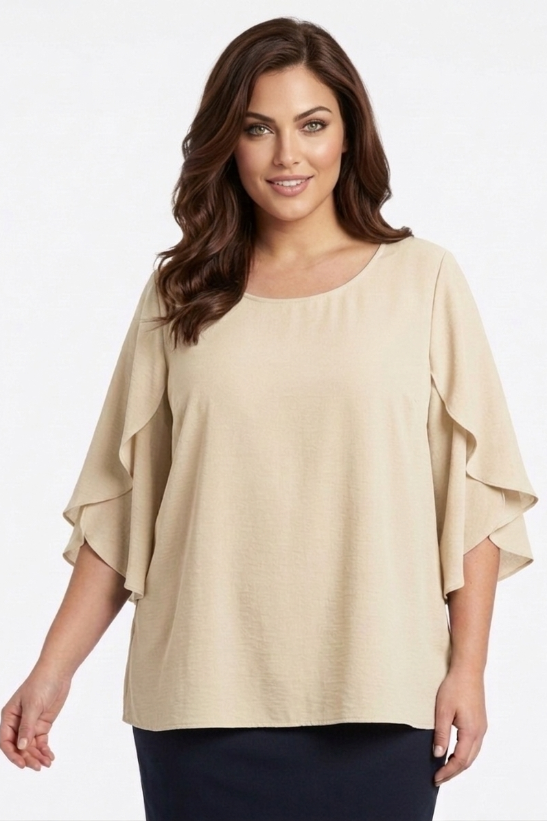 5514 Soft Cream Beige Split Bell Sleeve Top Plus