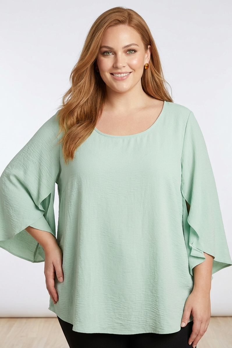 5514 Soft Sage Split Bell Sleeve Top Plus