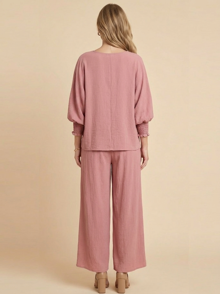 5547-S Dusty Rose Smocked Sleeve Blouse and 1234 Pleated Trousers Two-Piece Set