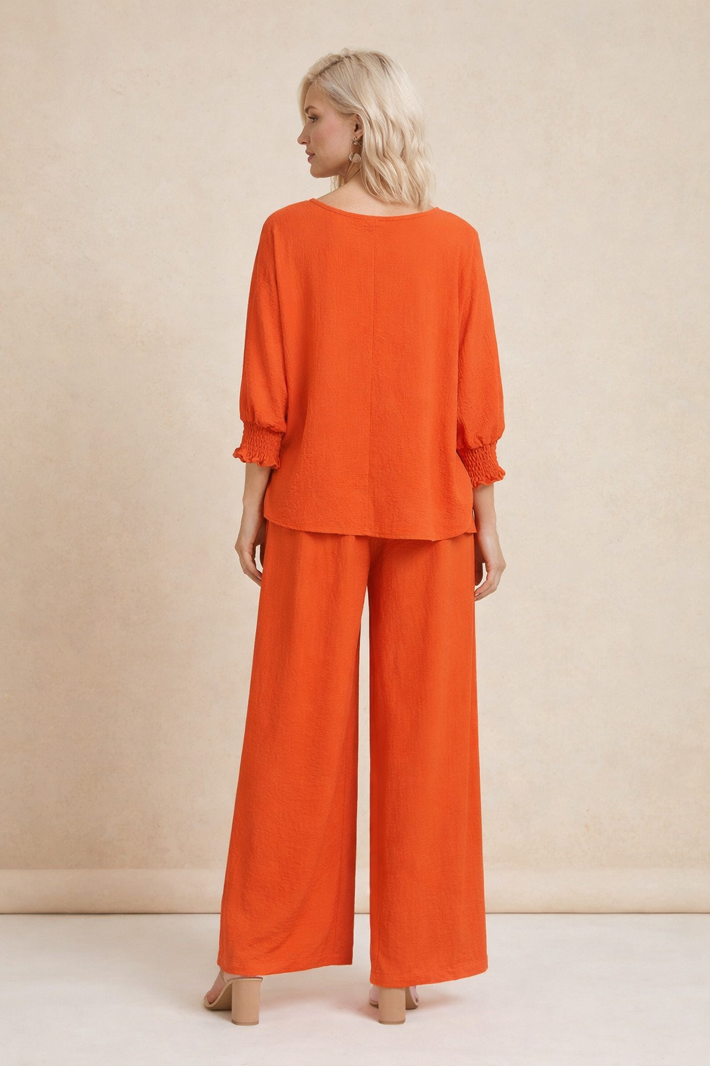 5547-S Orange Smocked Sleeve Blouse and 6122 Pleated Trousers Two-Piece Set