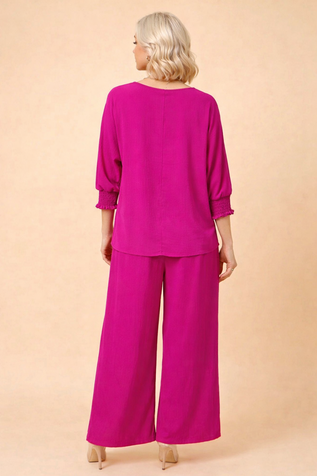 5547-S Vibrant Fuchsia Smocked Sleeve Blouse and 1234 Pleated Trousers Two-Piece Set