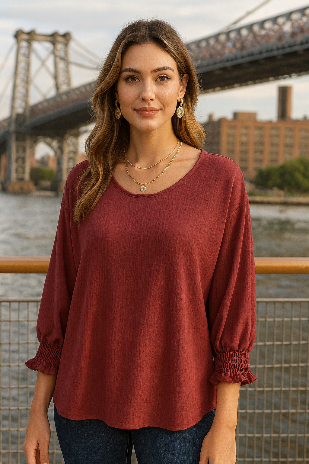 5547 Crimson Smocked Sleeve Blouse